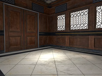 Vintage Interior Design With Wooden Walls Doors And Iron Grille Windows On Light Tile Floor 3d model
