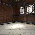 Vintage Interior Design With Wooden Walls Doors And Iron Grille Windows On Light Tile Floor