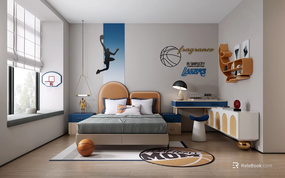 Basketball Themed Kids Bedroom With Modern Decor And Furniture 3d model 