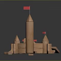 Wooden Castle Building Structure With Towers Walls And Red Flags