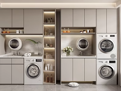 Sleek Modern Bathroom Cabinet Rack With Washing Machines Dryers Storage Shelves And Potted Plant 3d model