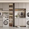 Sleek Modern Bathroom Cabinet Rack With Washing Machines Dryers Storage Shelves And Potted Plant