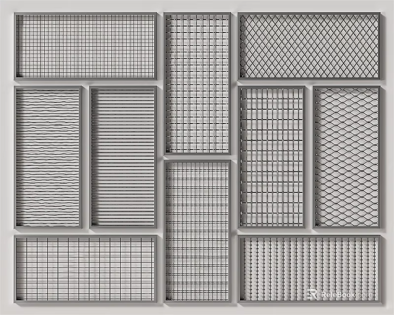 Various Metal Railing Panels Showcasing Different Grid Strip And Diamond Patterns 3d model 