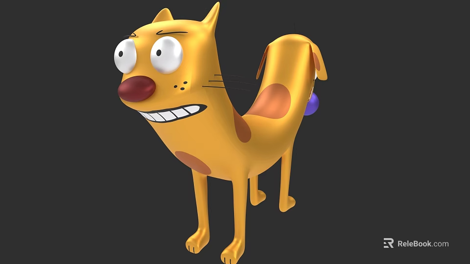 Yellow Cartoon Dog With Big Eyes Red Nose Spots And Purple Tail Ball 3d model 