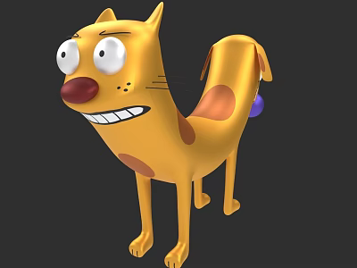 Yellow Cartoon Dog With Big Eyes Red Nose Spots And Purple Tail Ball 3d model