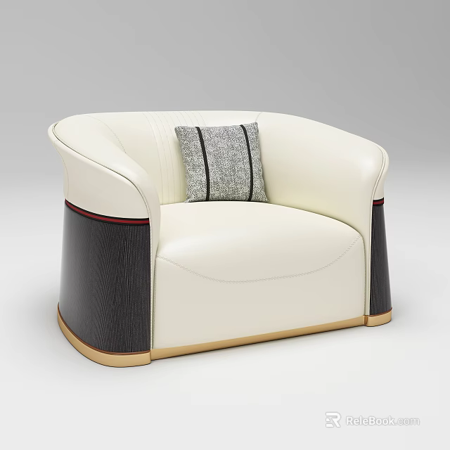 White Leather Single Sofa With Rounded Arms Gray Striped Pillow Black Base And Gold Trim 3d model 