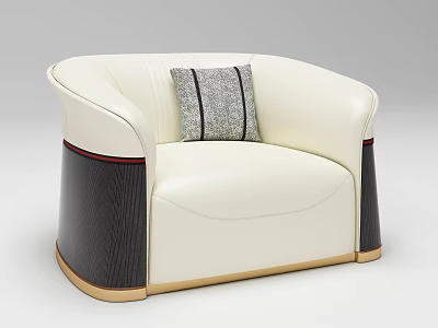 White Leather Single Sofa With Rounded Arms Gray Striped Pillow Black Base And Gold Trim 3d model
