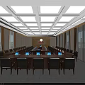 Formal Conference Room Interior With Long Table Chairs Screens Clock And Ceiling Lights