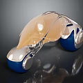 Orange Silver Blue Sleek Artistic Object With Wheel Base Transparent Elements And Reflective Surface