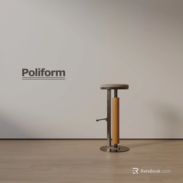 Modern Poliform Bar Stool With Wooden Column And Adjustable Metal Base 3d model 