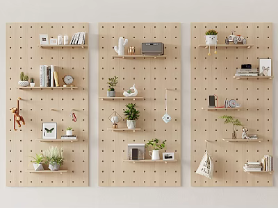 Wooden Pegboard Shelves with Plants Books Photo Frames and Decorative Items for Home Wall Organization 3d model