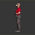Man in Red T-shirt and Gray Overalls Wearing Gas Mask Standing Against Gray Background