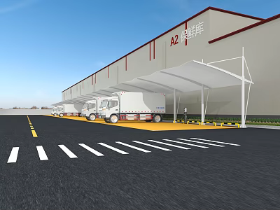 Spacious Commercial Freight Truck Parking Lot Equipped With Sunshade Near Large Cold Storage Warehouse 3d model