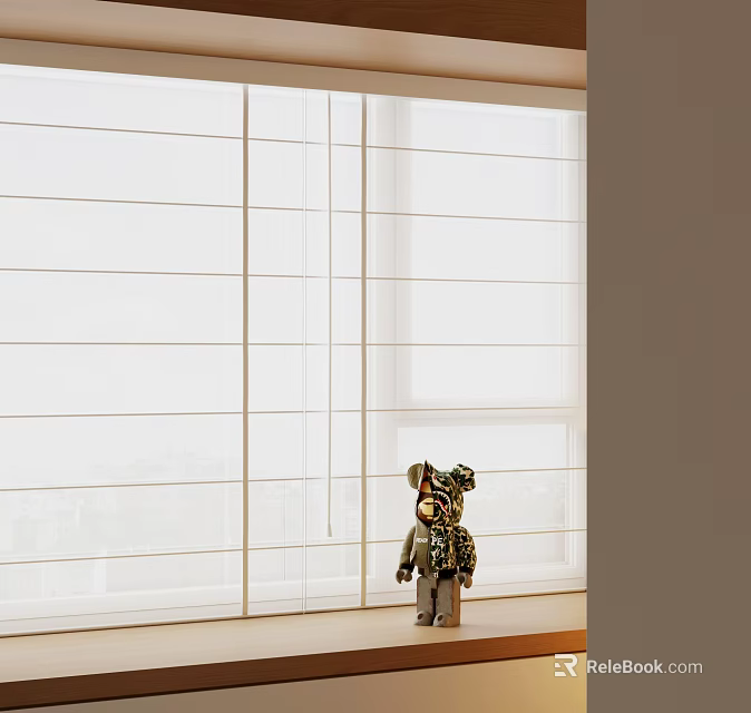 White Window Blinds In Modern Room Interior With Small Doll Standing Beside 3d model 
