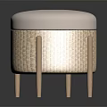 Round Rattan Stool with White Padded Seat and Wooden Legs Design