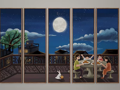 Family Dining On Balcony At Night With Full Moon Clouds And Rabbit 3d model