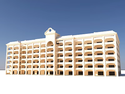 Multi Story Cream Colored School Building With Balconies Numerous Windows And Decorative Top 3d model