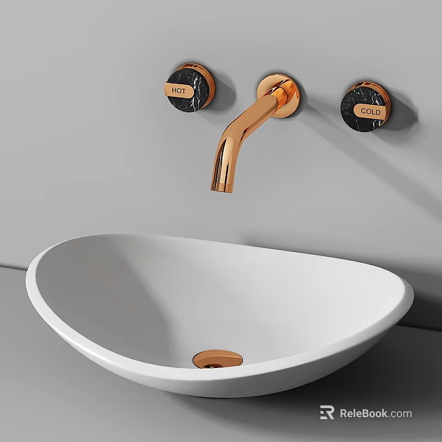 White Oval Washbasin with Copper Faucet and Black Knobs on Grey Wall 3d model 