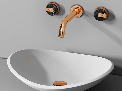 White Oval Washbasin with Copper Faucet and Black Knobs on Grey Wall 3d model