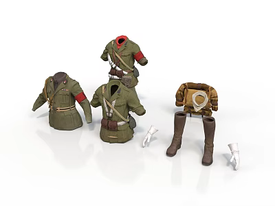 Green Military Style Clothing Accessories With Brown Boots And White Knee Pads 3d model