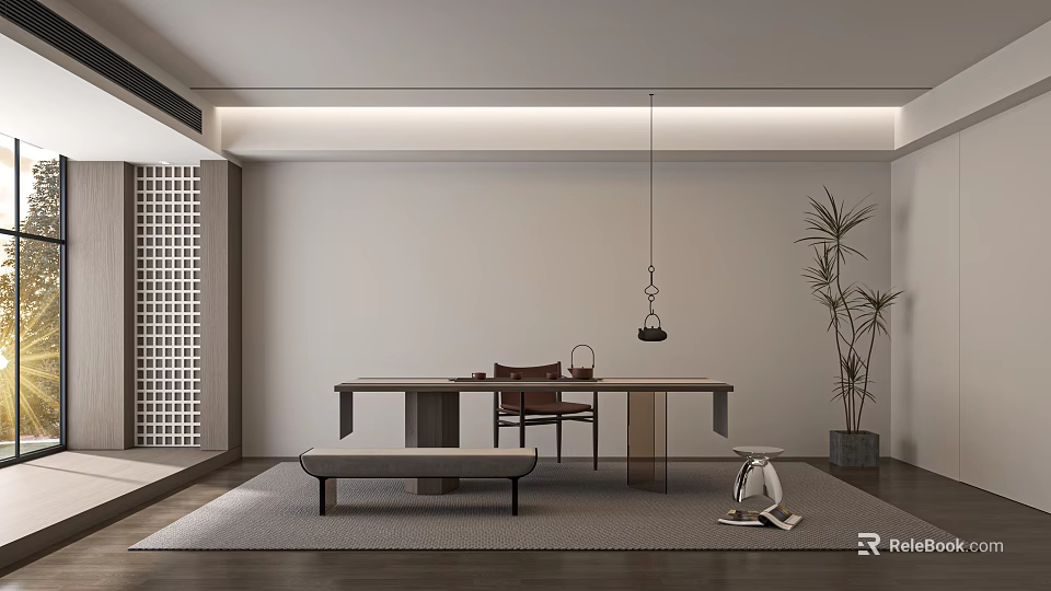 Minimalist Modern Tea Table And Chairs Interior With Wooden Design Hanging Lamp And Plant 3d model 