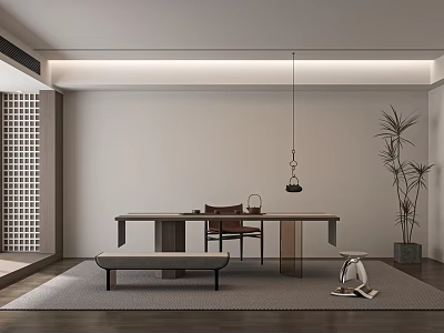 Minimalist Modern Tea Table And Chairs Interior With Wooden Design Hanging Lamp And Plant 3d model