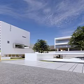 Modern White School Building With Geometric Facade Green Lawn Trees And Glass Windows