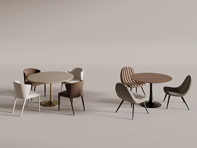 Modern Round Table and Chair Combinations with Light Dark Wood and Gold Black Legs 3d model