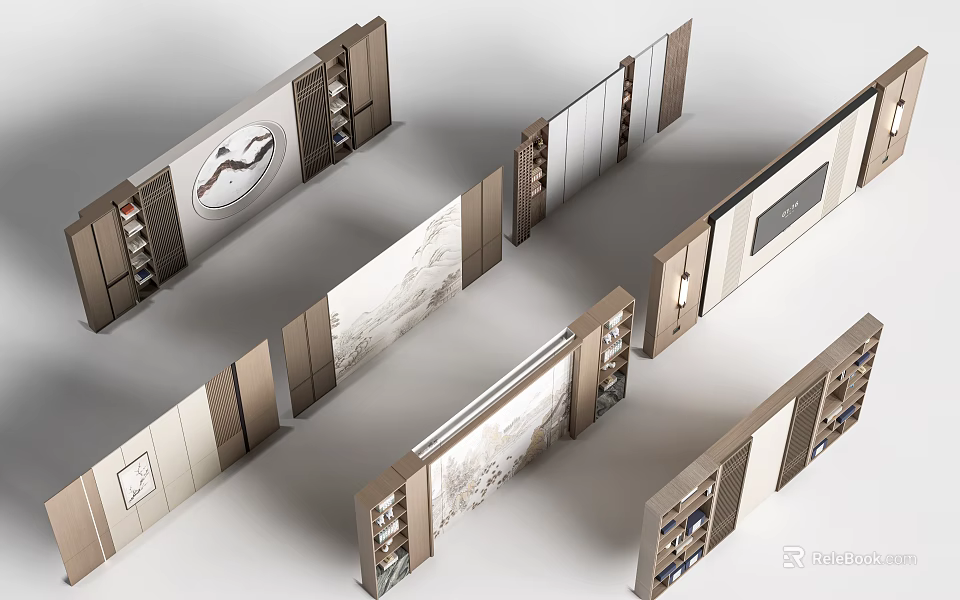 Modern Luxury Background Wall Design With Marble Panels And Wooden Frames 3d model 