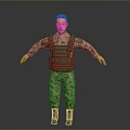 Military Character In Camouflage Uniform With Green Tactical Vest And Arms Outstretched Against Gray Background