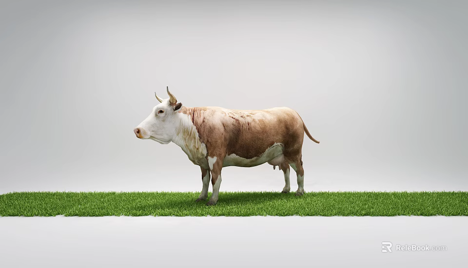 Brown And White Cow Standing On Green Grass With Gray Background 3d model 