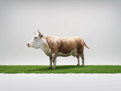 Brown And White Cow Standing On Green Grass With Gray Background 3d model
