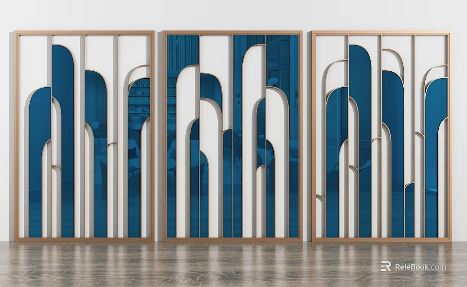 Modern Interior Room Divider With Blue White Arched Patterns And Golden Frames 3d model 
