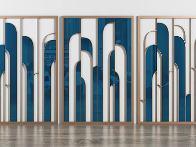 Modern Interior Room Divider With Blue White Arched Patterns And Golden Frames 3d model