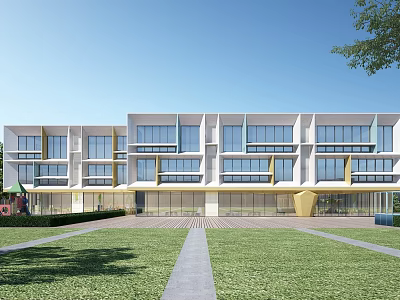 Modern School Building With White Yellow Exterior Large Glass Windows And Green Lawn Pathway 3d model