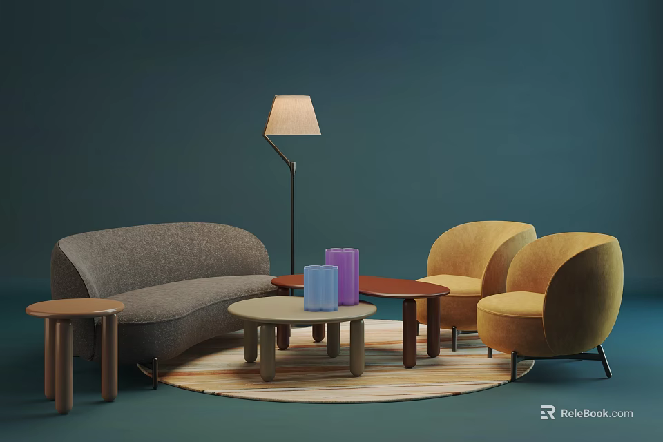 Modern Sofa Set With Grey Sofa Yellow Armchairs Round Coffee Table And Floor Lamp 3d model