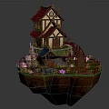 Fairy Tale Cartoon Style Floating Island Wooden Cottage With Red Roof Staircase Fence And Flowers