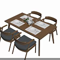 Modern Rectangular Wooden Dining Table Set with Comfortable Chairs and Tableware Decor 3d model