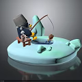Little Character In Hat Sitting On Chair Fishing With Rod On Ice Catching Small Fish