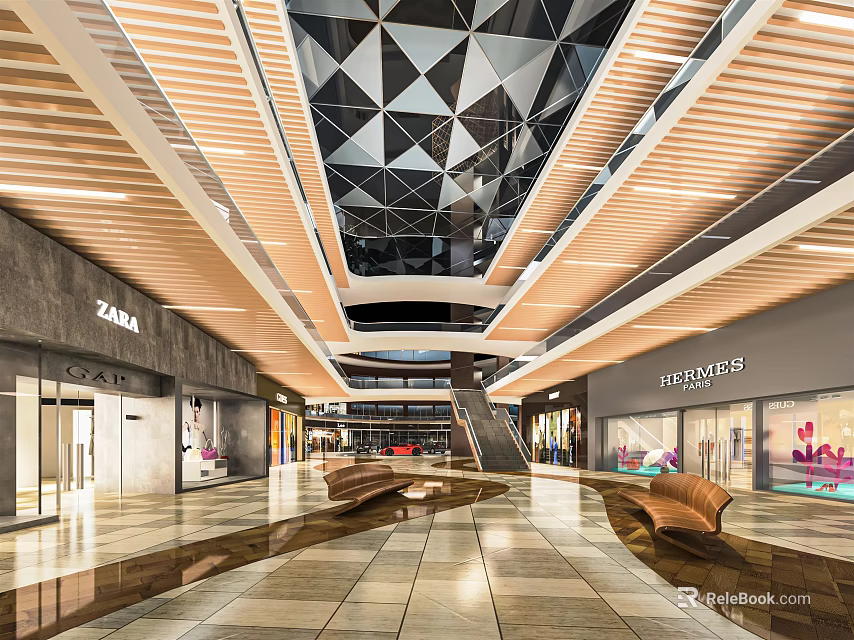 Modern Shopping Mall Lobby Interior With Geometric Ceiling Wooden Panels And Retail Stores 3d model 