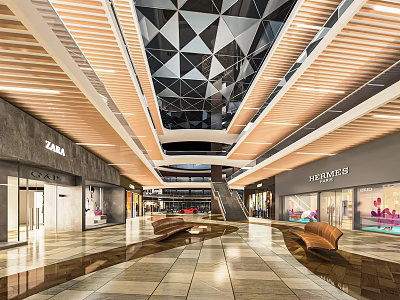 Modern Shopping Mall Lobby Interior With Geometric Ceiling Wooden Panels And Retail Stores 3d model