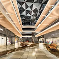 Modern Shopping Mall Lobby Interior With Geometric Ceiling Wooden Panels And Retail Stores