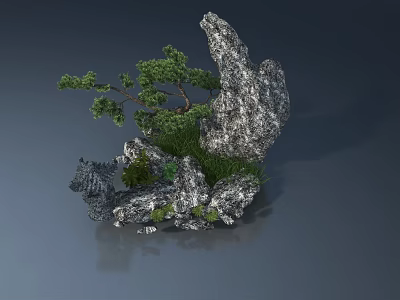 Outdoor Swing Door With Natural Rock Pine Tree And Green Grass 3d model