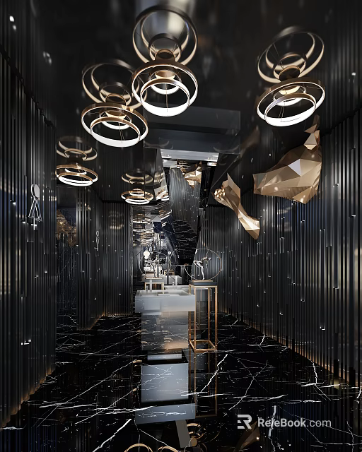 Modern Public Restroom Featuring Black Striped Walls Gold Accents And Circular Pendant Lights 3d model 