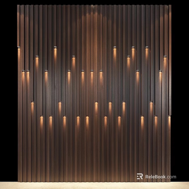 Modern Illuminated Wall Hangings with Warm Light on Dark Wooden Vertical Striped Wall 3d model 