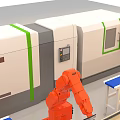Advanced Industrial Equipment Featuring Orange Robotic Arms Automated Production Line And Blue Workbenches