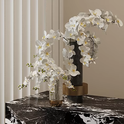 White Orchids in Black and Transparent Vases on Marble Tabletop with Vertical Blinds 3d model