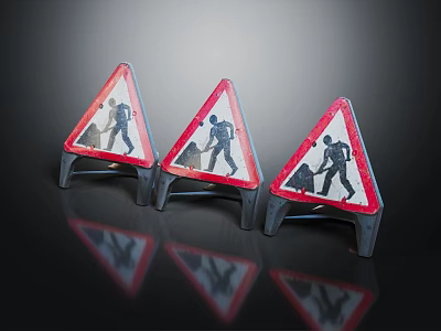 Triangular Road Construction Warning Signs With Worker Graphics And Reflective Base 3d model