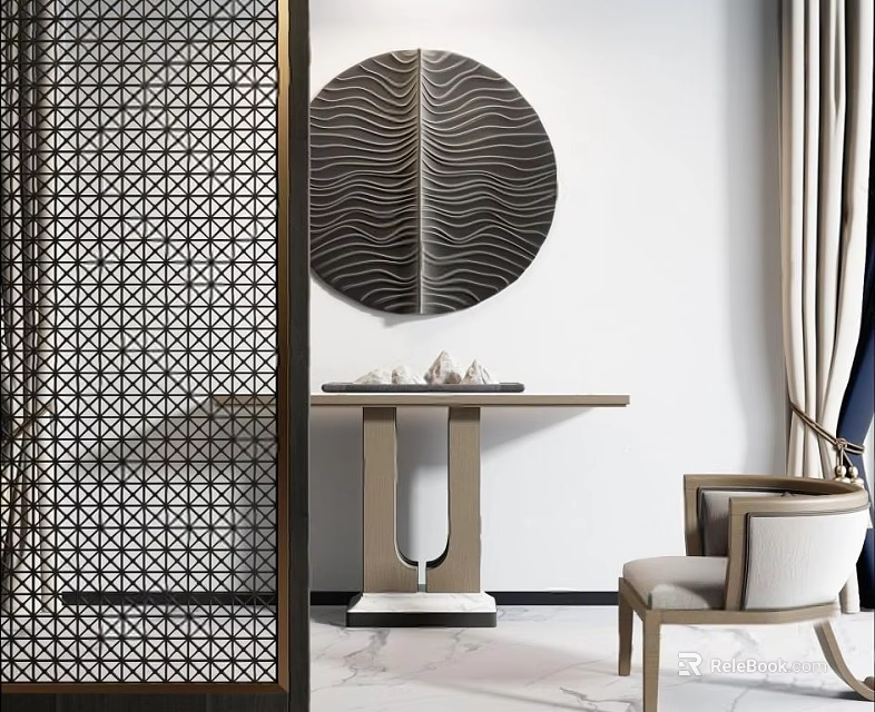 Modern Entry Console Table With Circular Wave Art Lattice Screen And Accent Chair 3d model