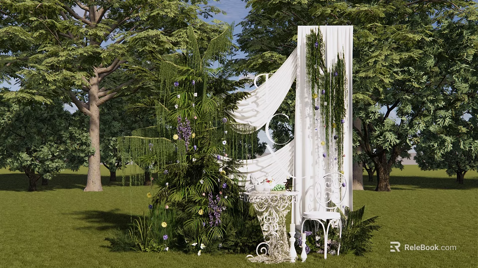 Outdoor Photo Check in Spot With White Arch Green Vines Purple Flowers And Lawn Trees 3d model 